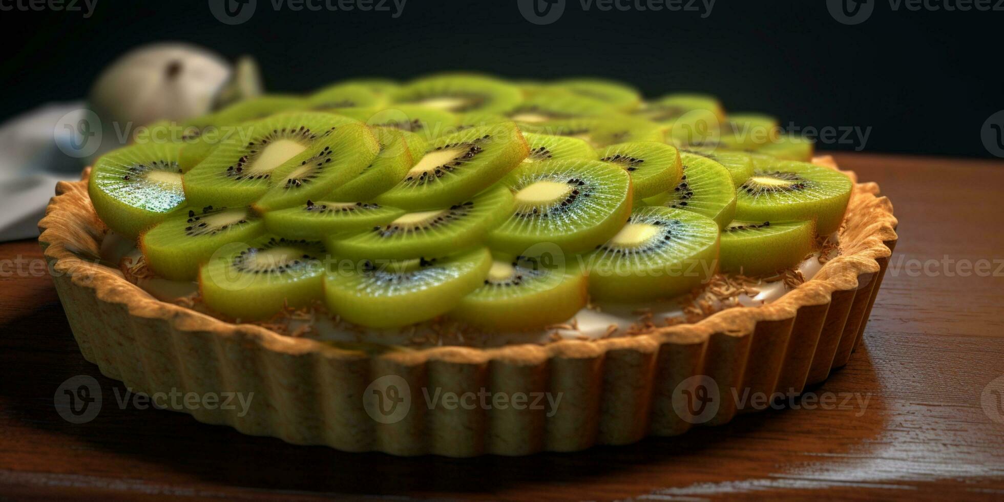 Kiwi fruit pie tart blurred background, AI Generateand photo