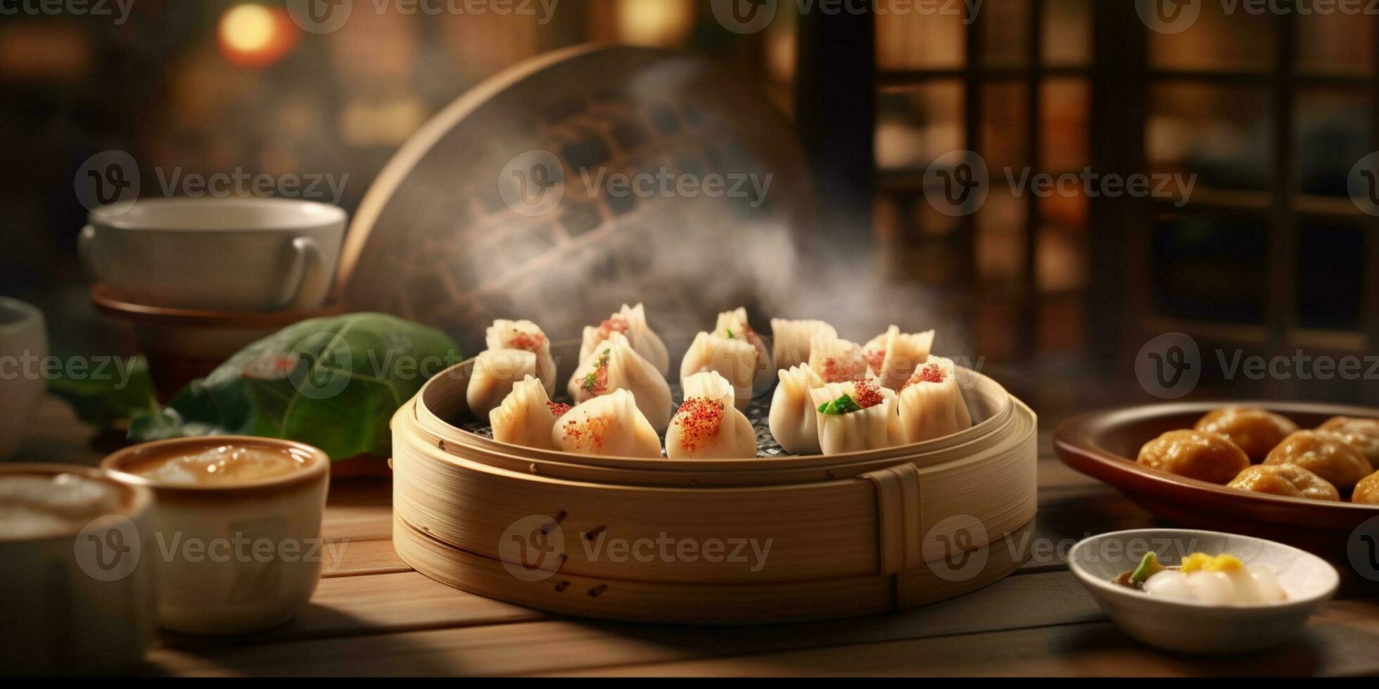 Dim sum is a traditional Chinese food consisting of dumplings, AI Generateand photo