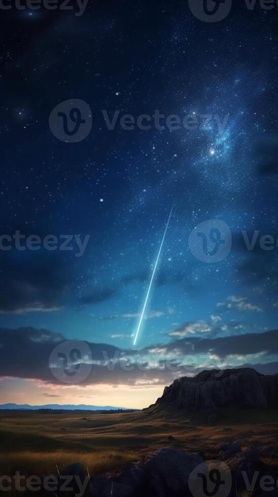 noche cielo con empieza y montaña antecedentes. ai generado foto