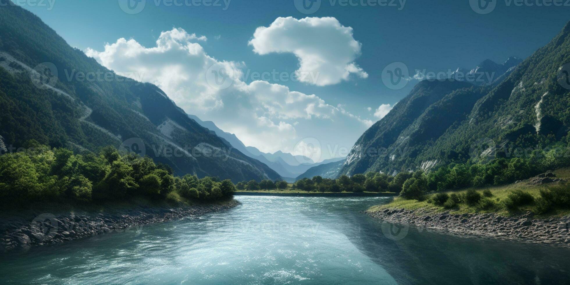 Mountain, river and sky copy space background. AI Generated photo