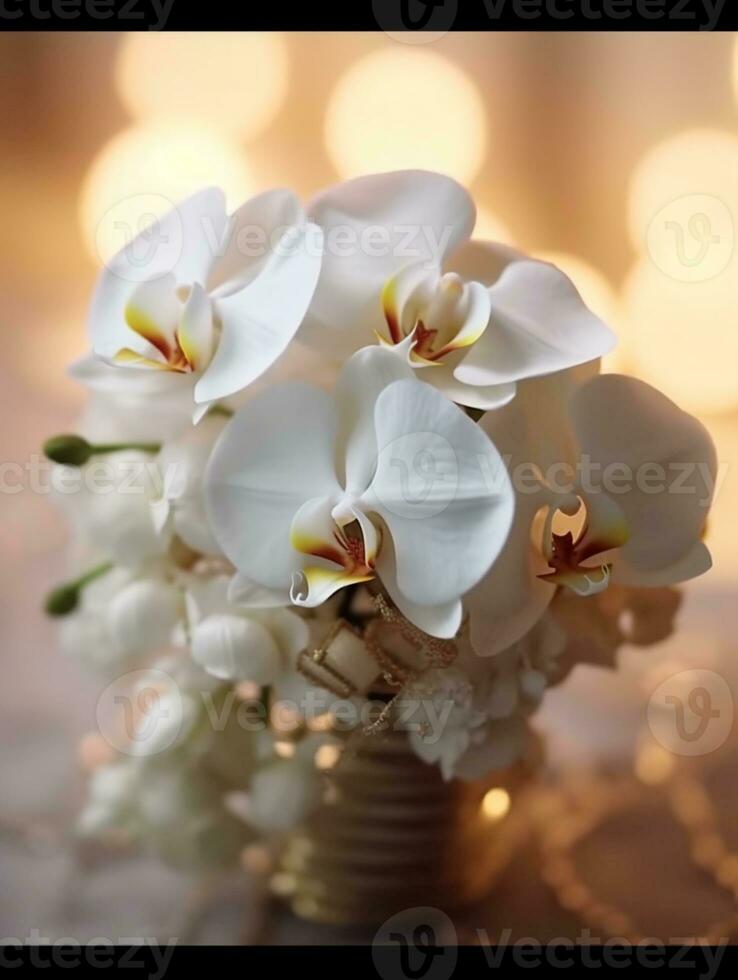 White Orchid wedding bouquet flower on blurred window background. AI Generated photo