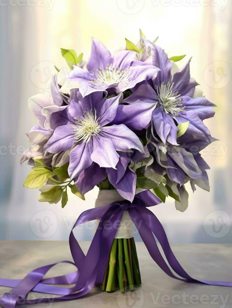 Clematis flower wedding bouquet blurred window background. AI Generated photo