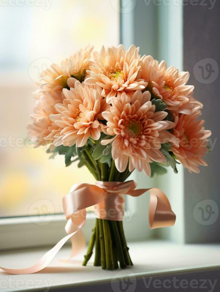 Chrysanthemum flower wedding bouquet blurred window background. AI Generated photo