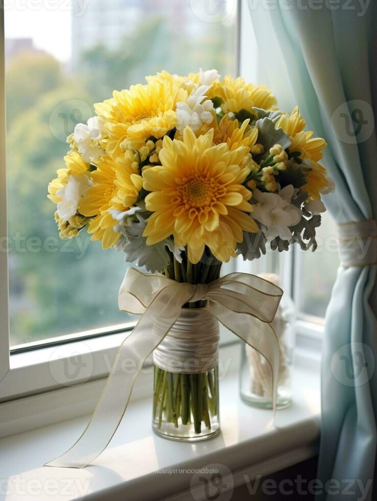 Chrysanthemum flower wedding bouquet blurred window background. AI Generated photo