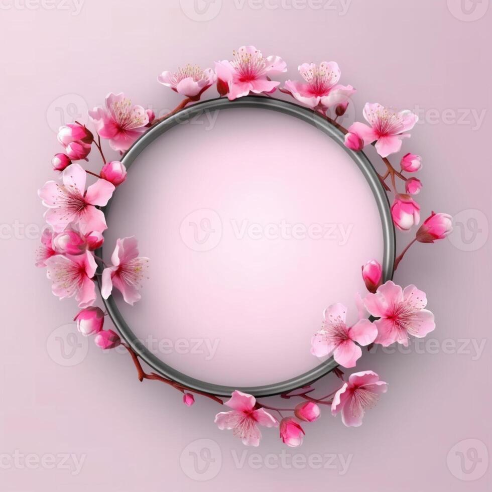 Circle made of cherry blossom flowers and branches copy space background. photo