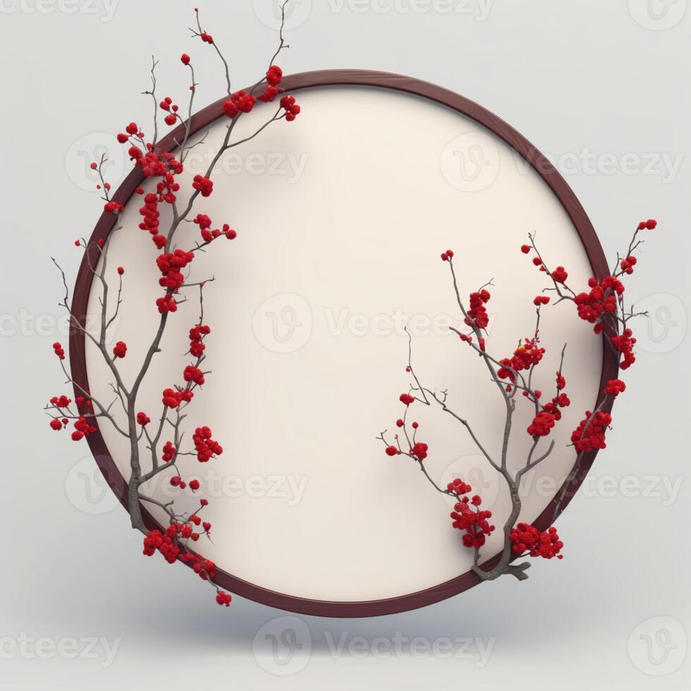 Circle made of red flowers and branches copy space background. photo