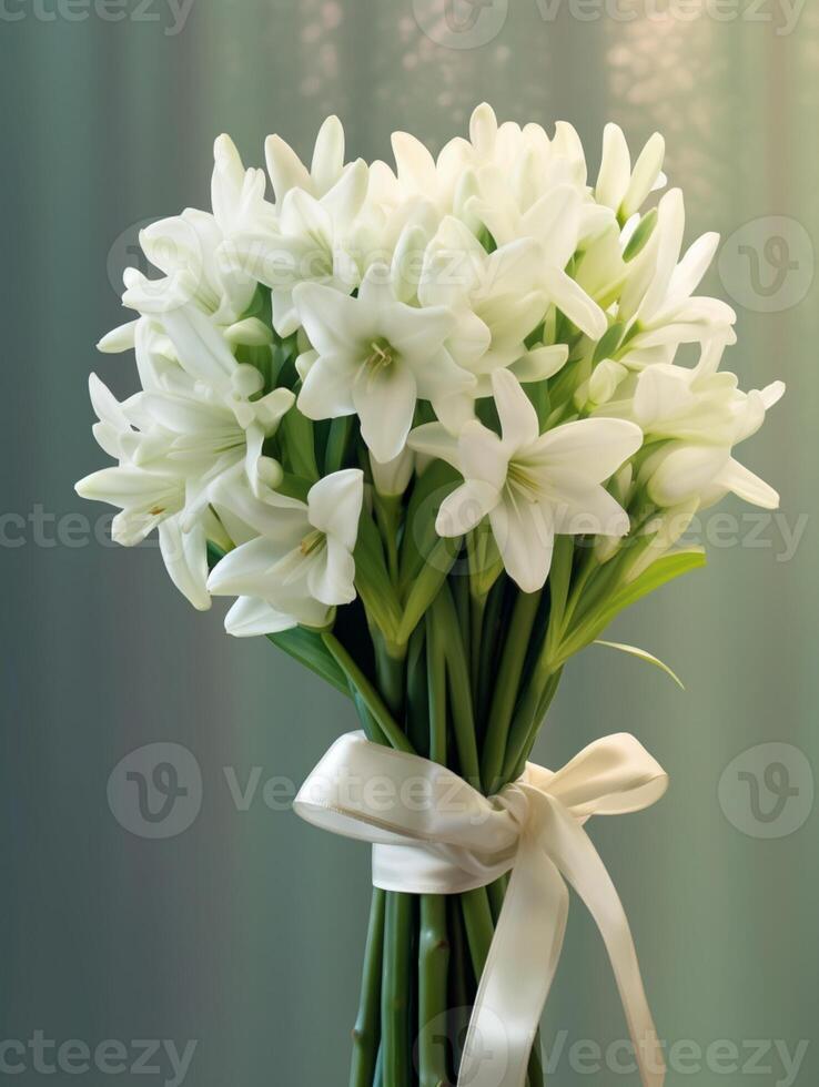 Tuberose flower bridal bouquet blurred background. AI Generated
