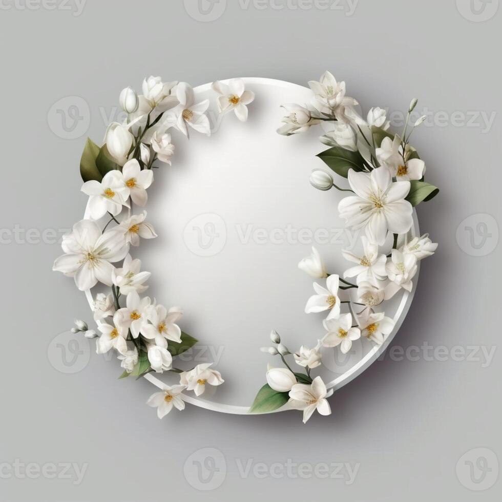 Circle made of white flowers and branches copy space background. photo