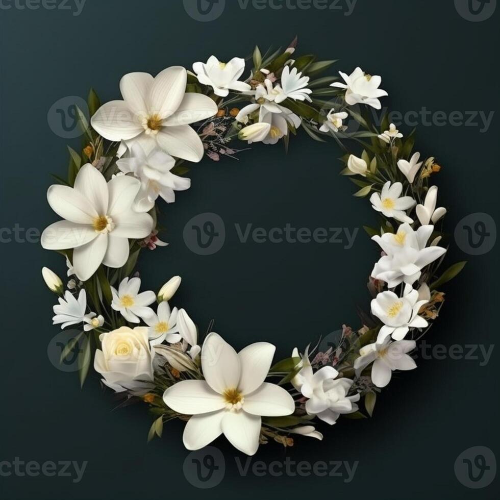 Circle made of white flowers and branches copy space background. photo