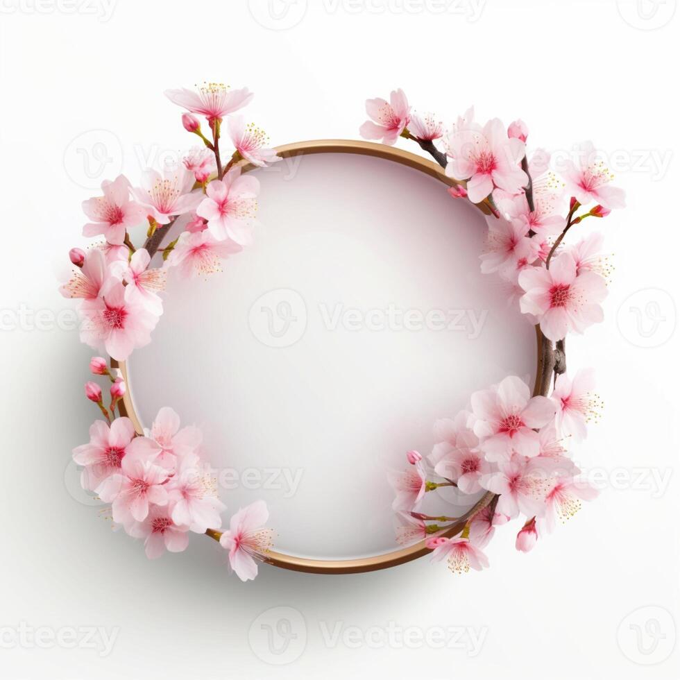 Circle made of cherry blossom flowers and branches copy space background. photo