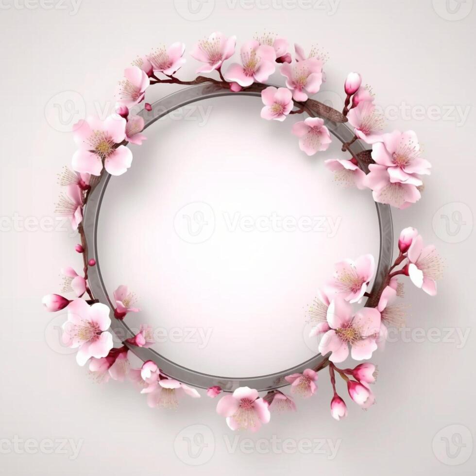 Circle made of cherry blossom flowers and branches copy space background. photo