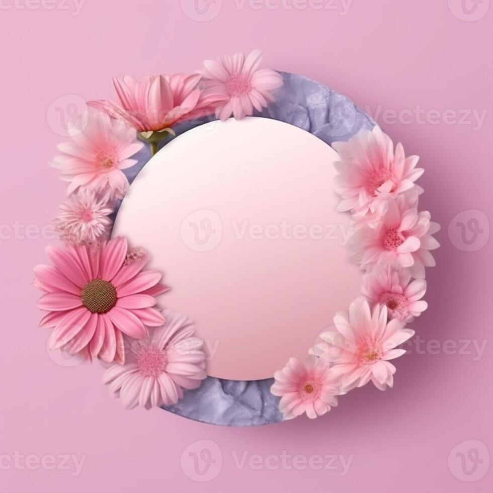 Circle made of pink flowers and branches copy space background. photo