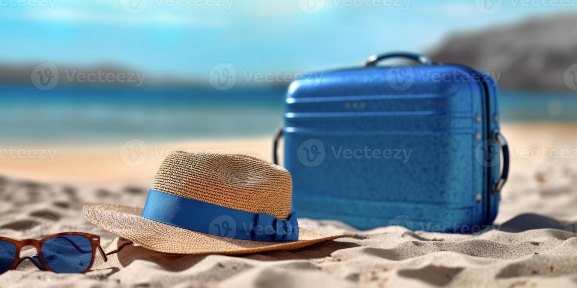 Blue straw hat on beach sand holiday background. AI Generated photo