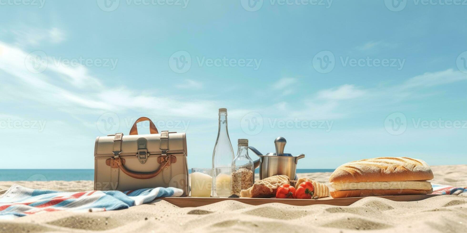 picnic con un pan en playa arena fiesta antecedentes. ai generado foto