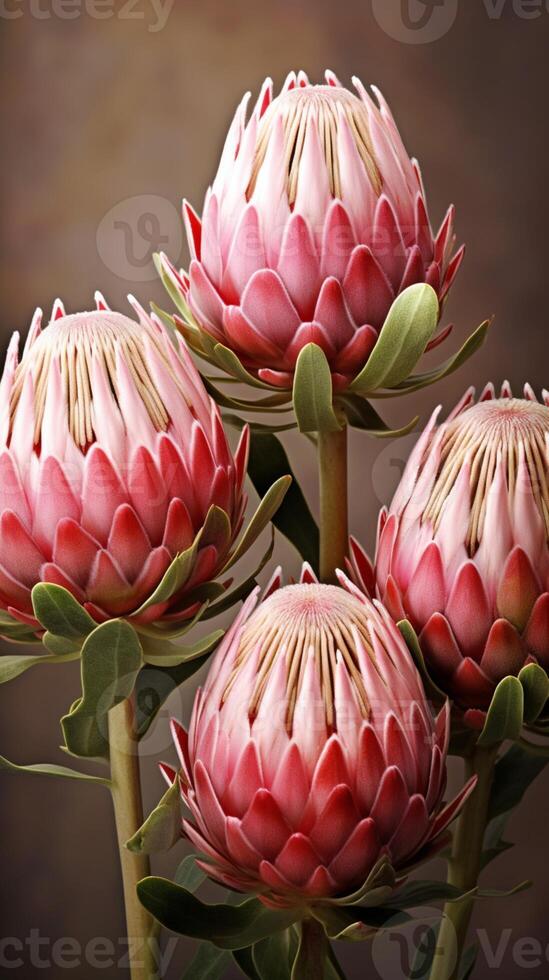 Protea sugarbushes photo wallpaper background. AI Generated