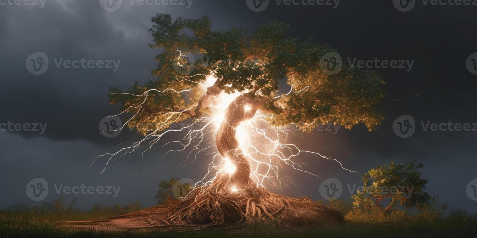 lightning in tree, stormy weather and natural disaster, AI Generated photo