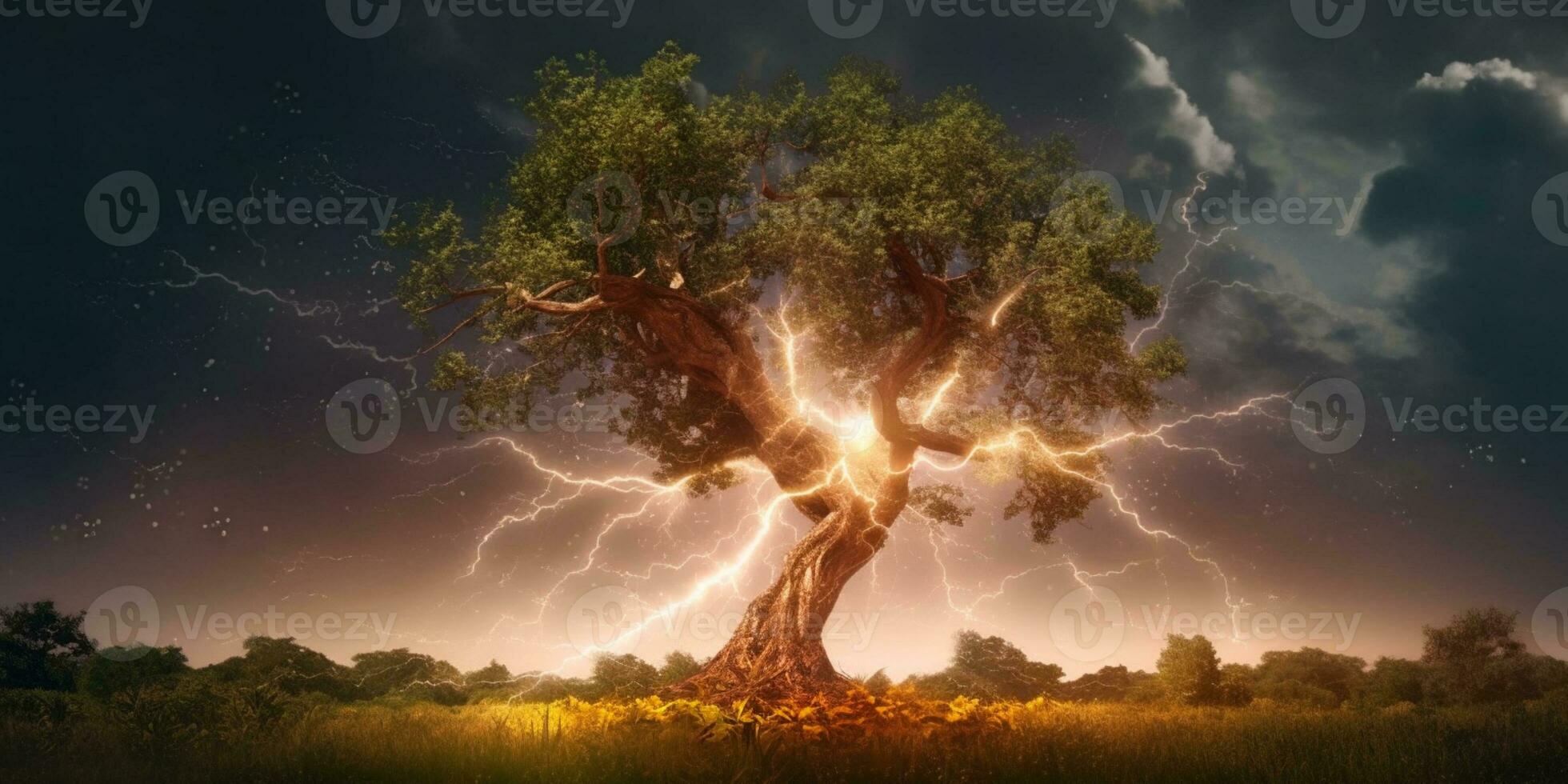 lightning in tree, stormy weather and natural disaster, AI Generated photo