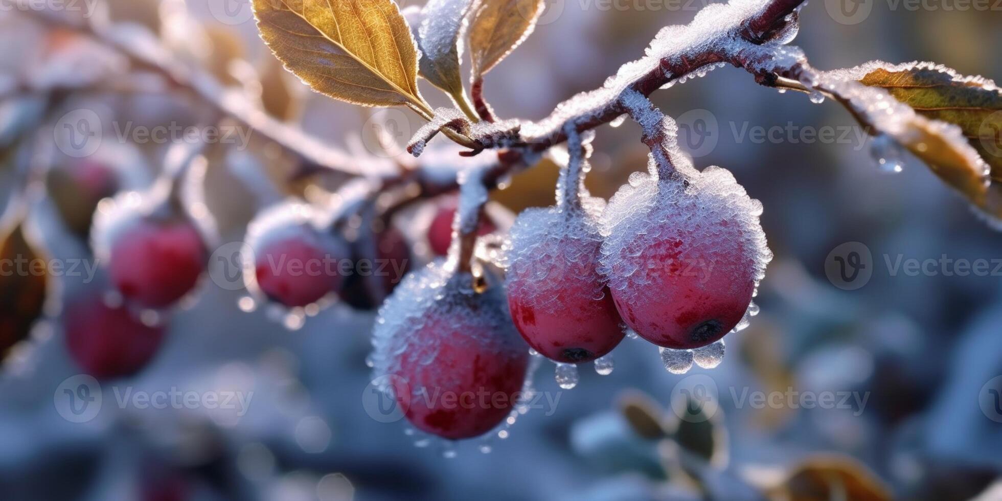 Ice storm trees and berry fruit freeze in winter, AI Generated photo