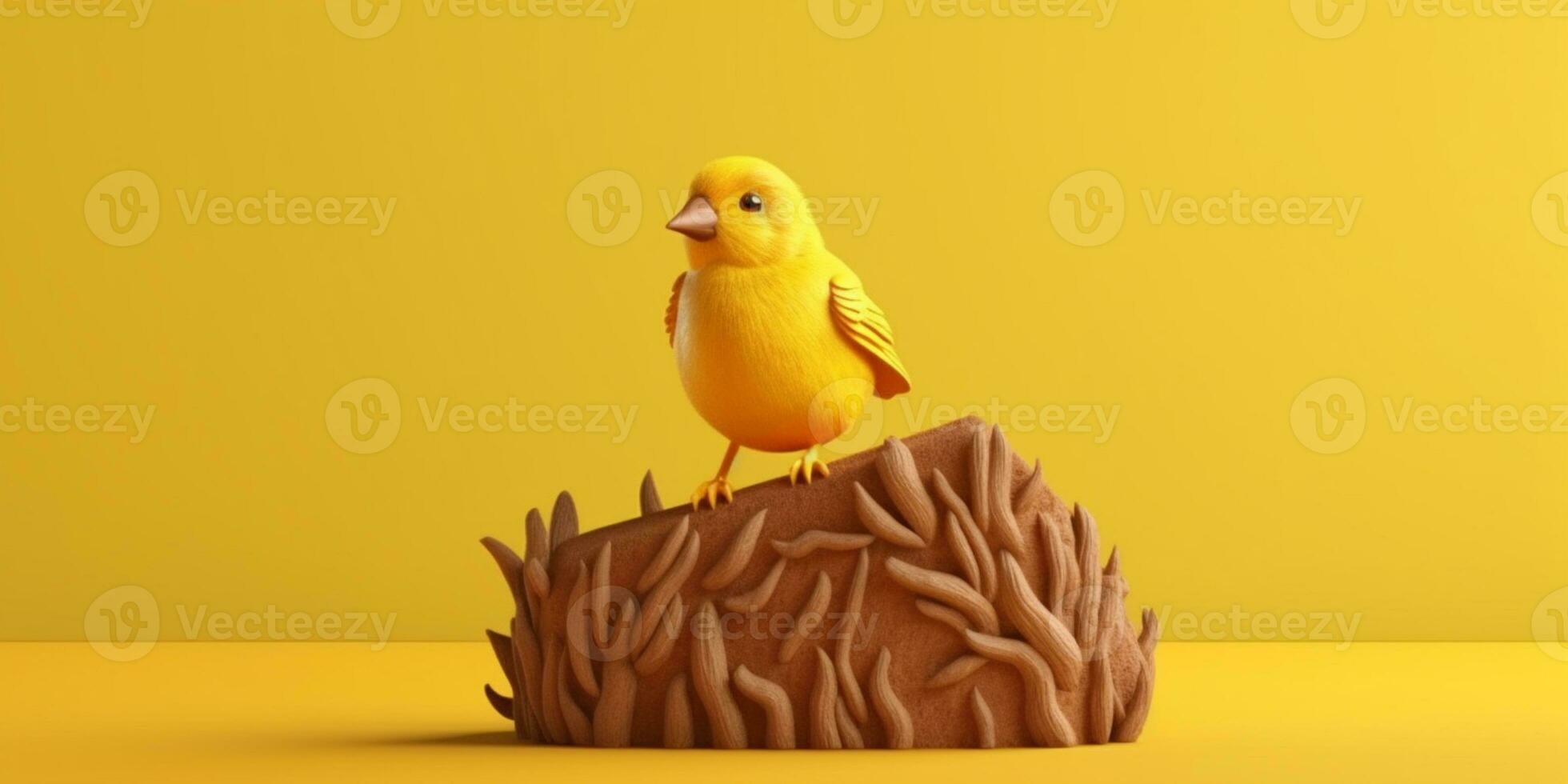 Bird yellow on tree tunk animal clay cartoon animation, AI Generated photo