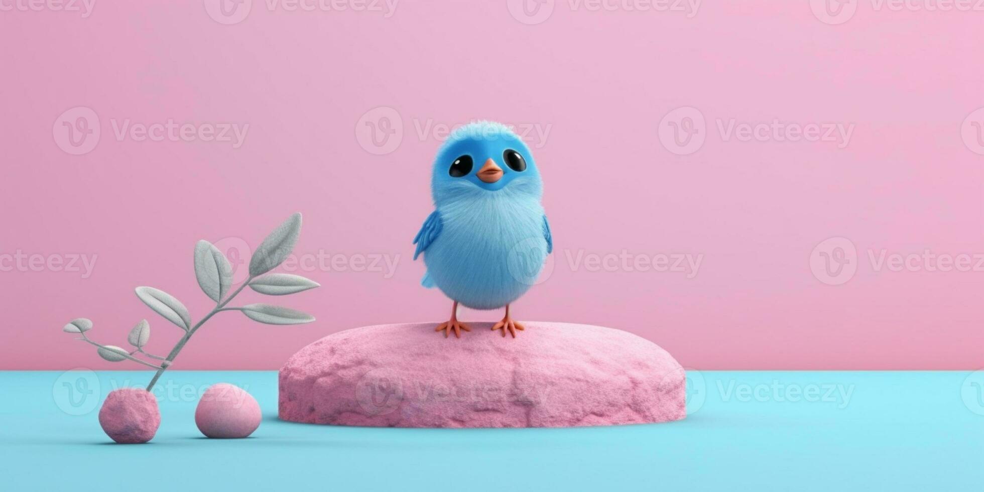 Bird blue on tree tunk animal clay cartoon animation, AI Generated photo