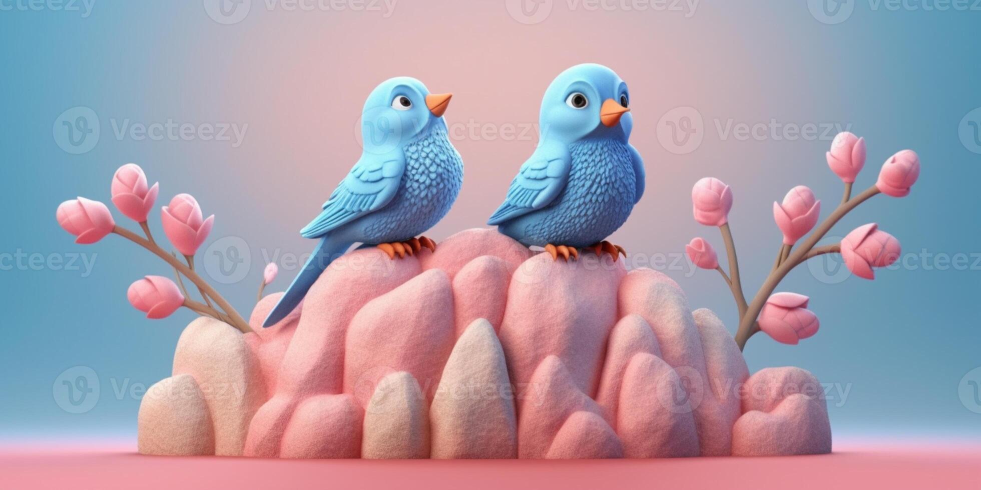 Couple blue bird on tree tunk animal cartoon animation, AI Generated photo