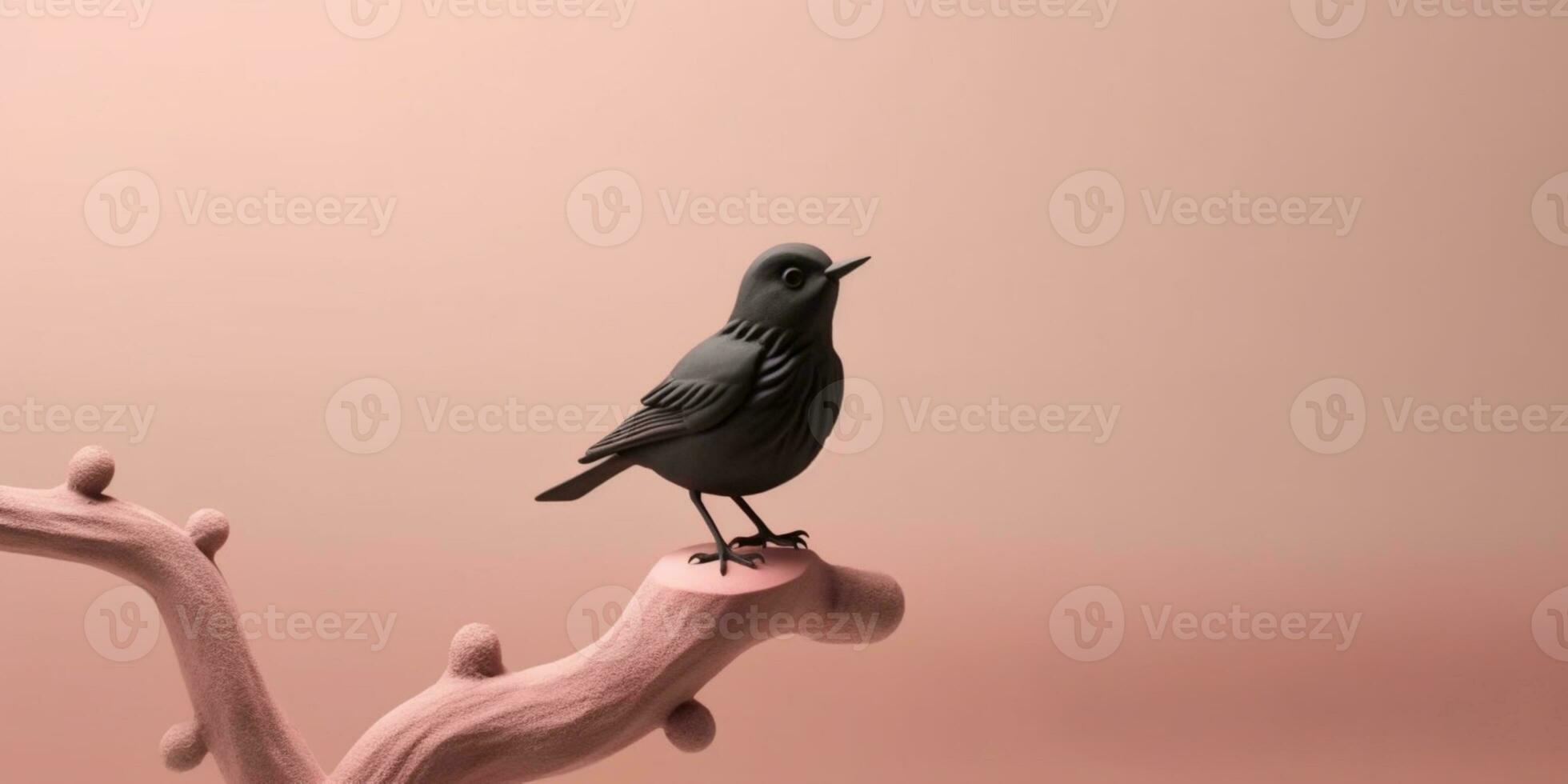 Black bird on tree tunk animal clay cartoon animation, AI Generated photo