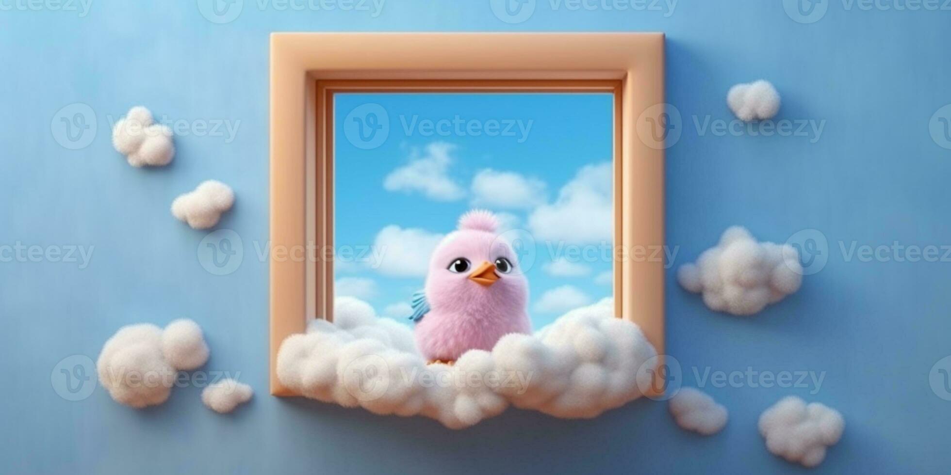 Bird on wooden window animal clay cartoon animation, AI Generated photo