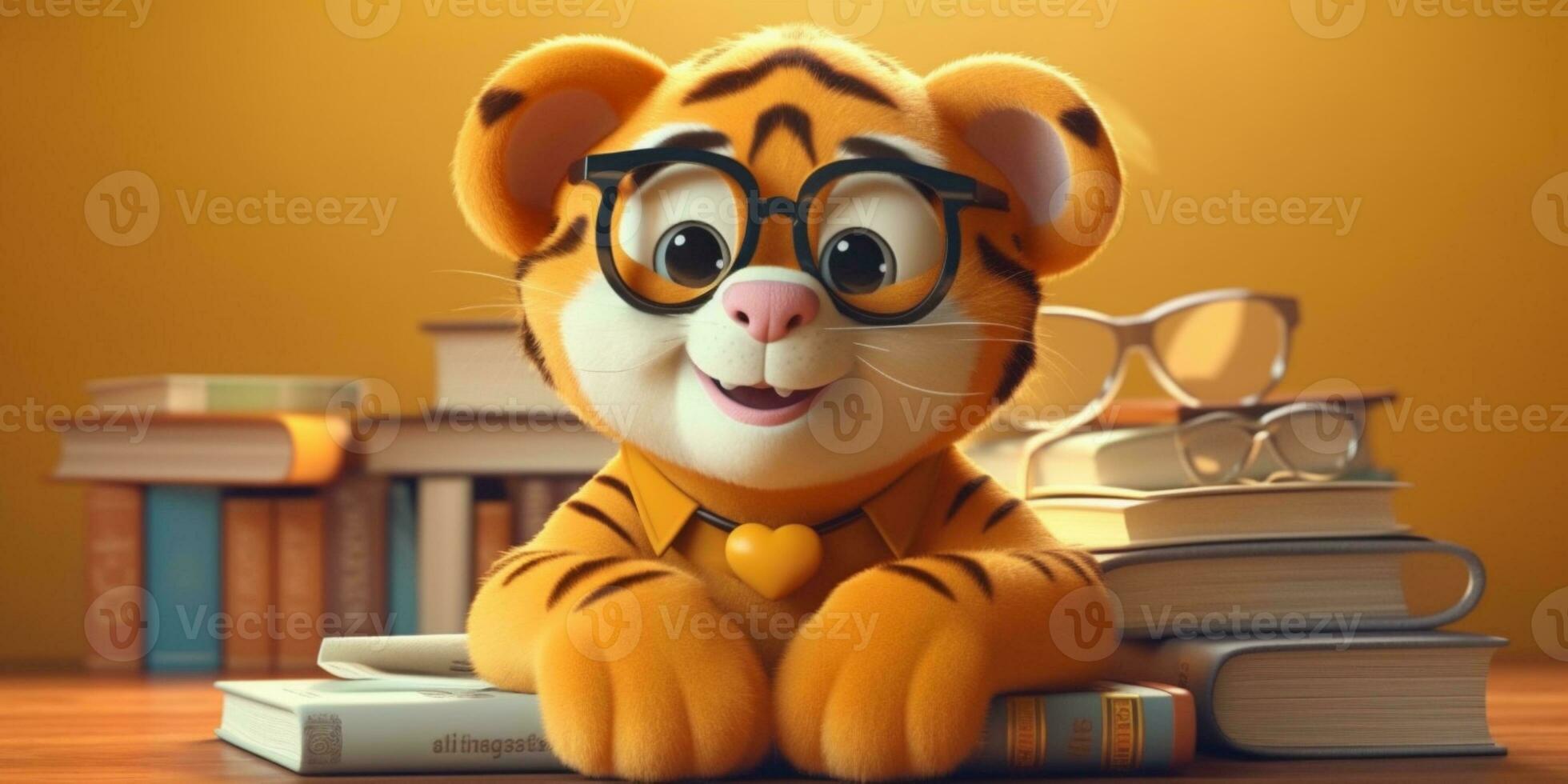Baby tiger with sunglasses and book cute animal clay cartoon, AI Generated photo