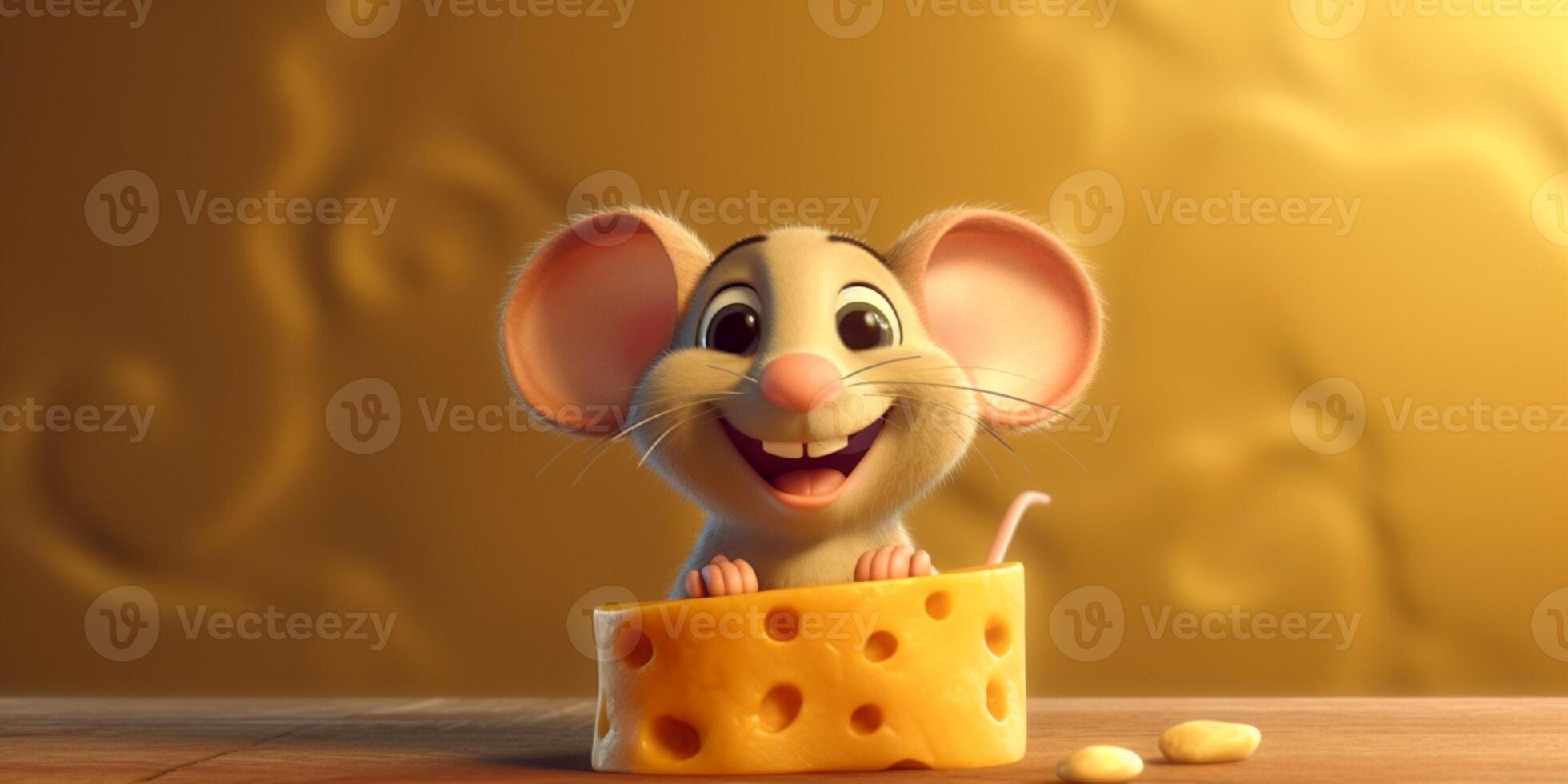 Little mouse and cheese cartoon animation, AI Generated photo