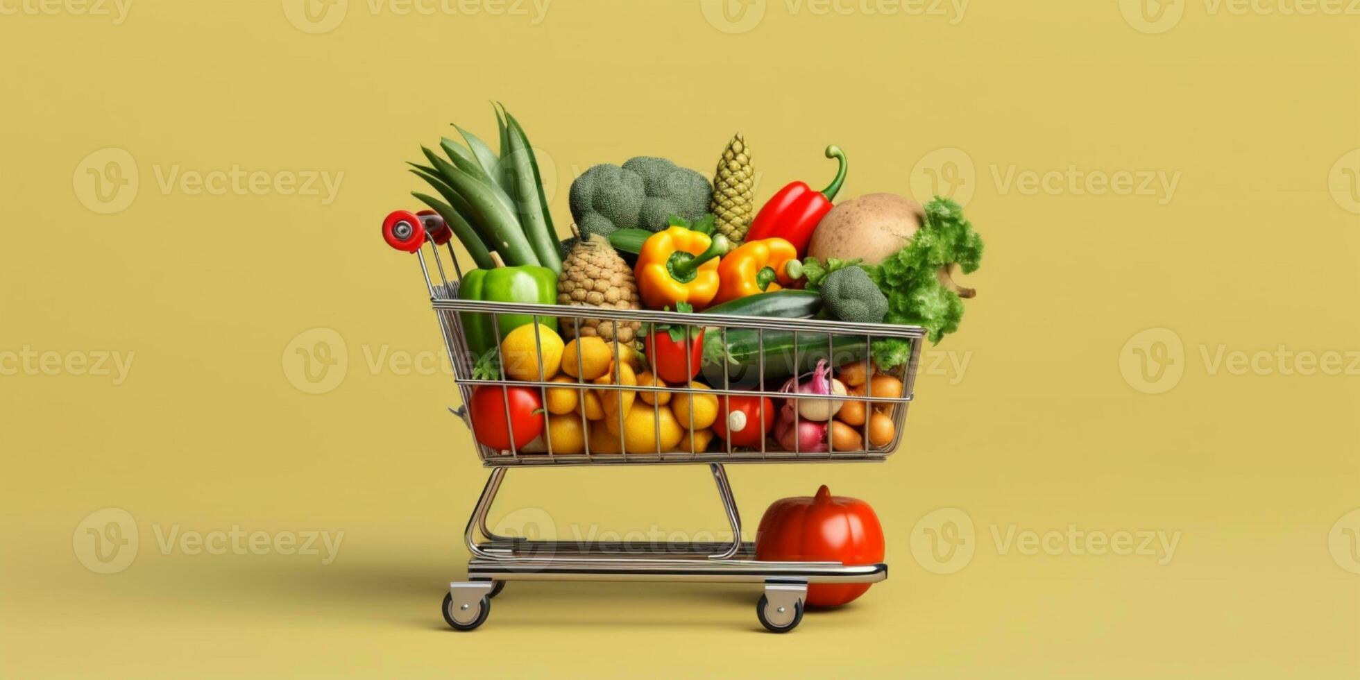 Shopping trolley with vegetable in a convenience store, AI Generated photo