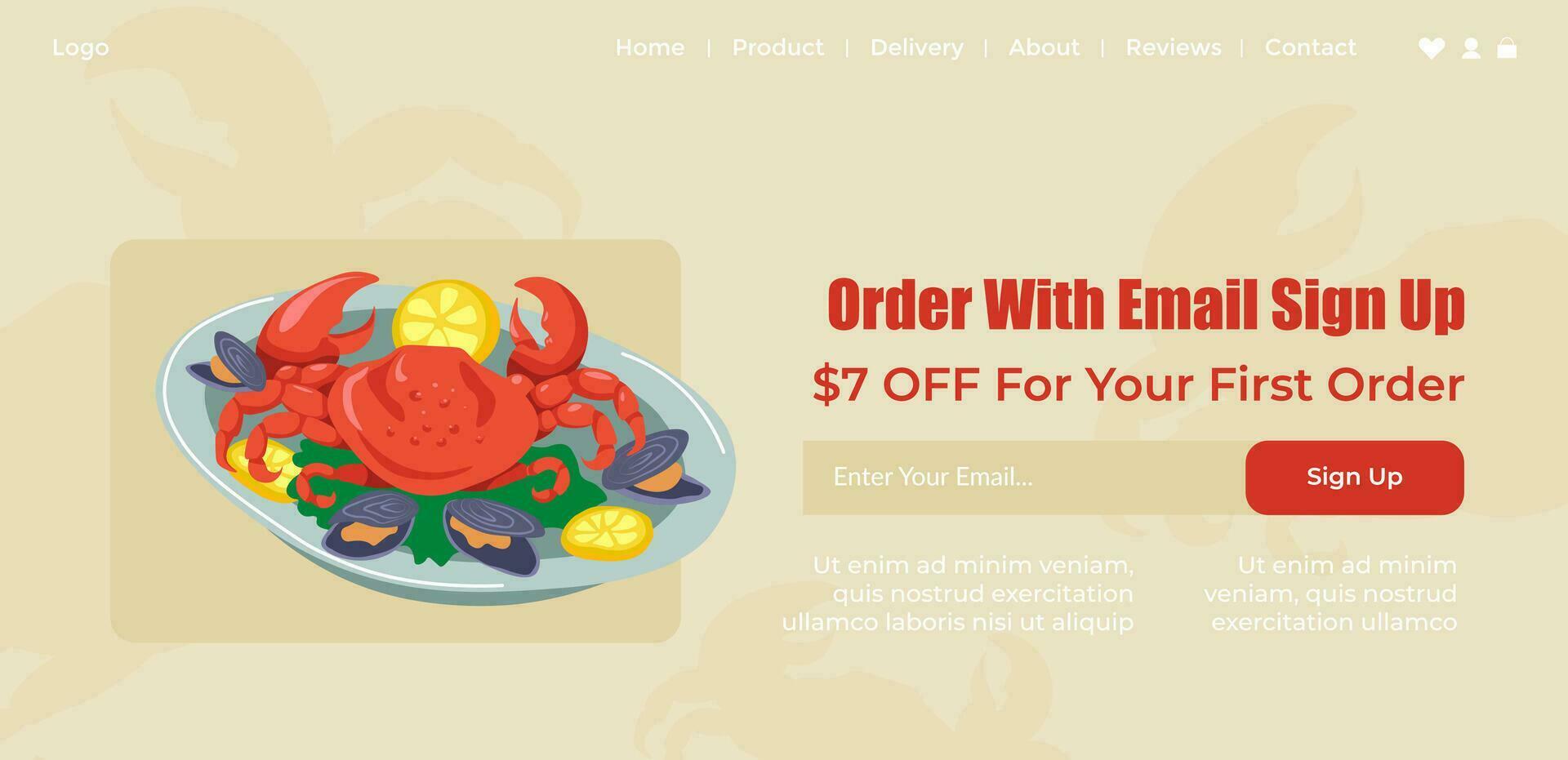 Order with email sign up, seafood from restaurant vector