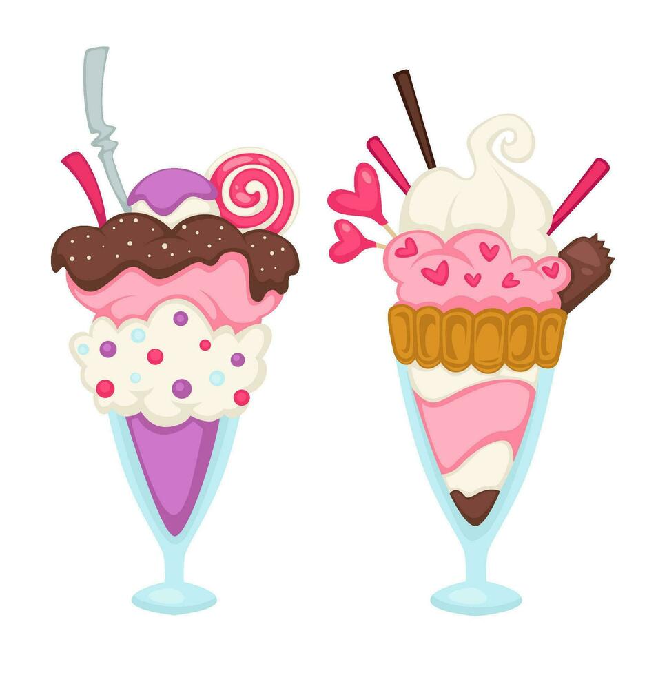 Ice cream with waffle and straw, tasty meal vector