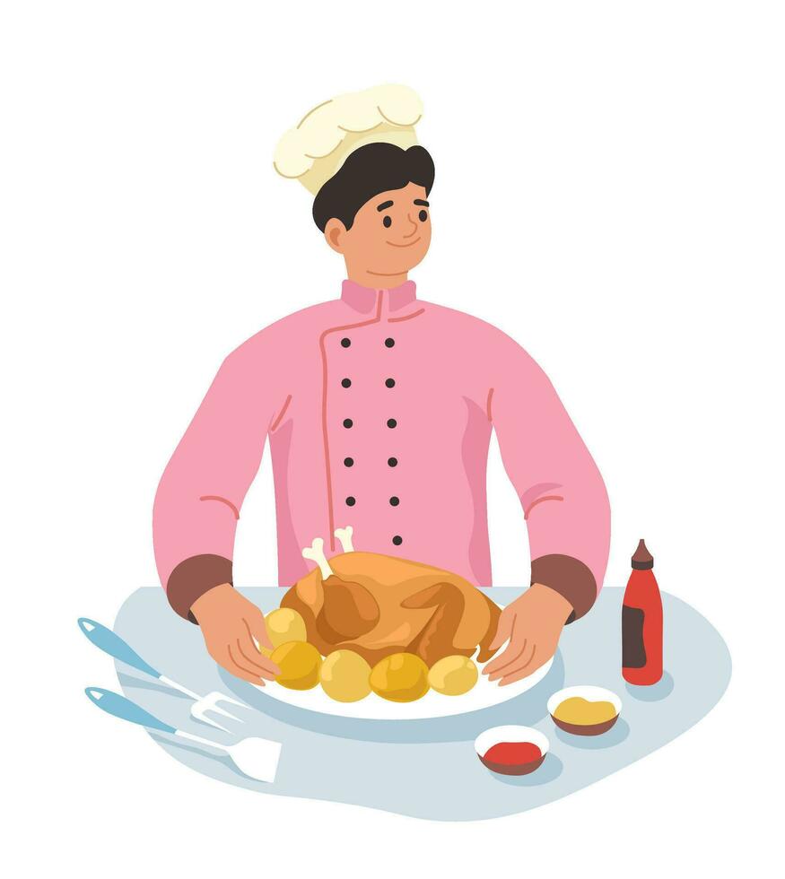 Cook serving baked chicken with fruits vector