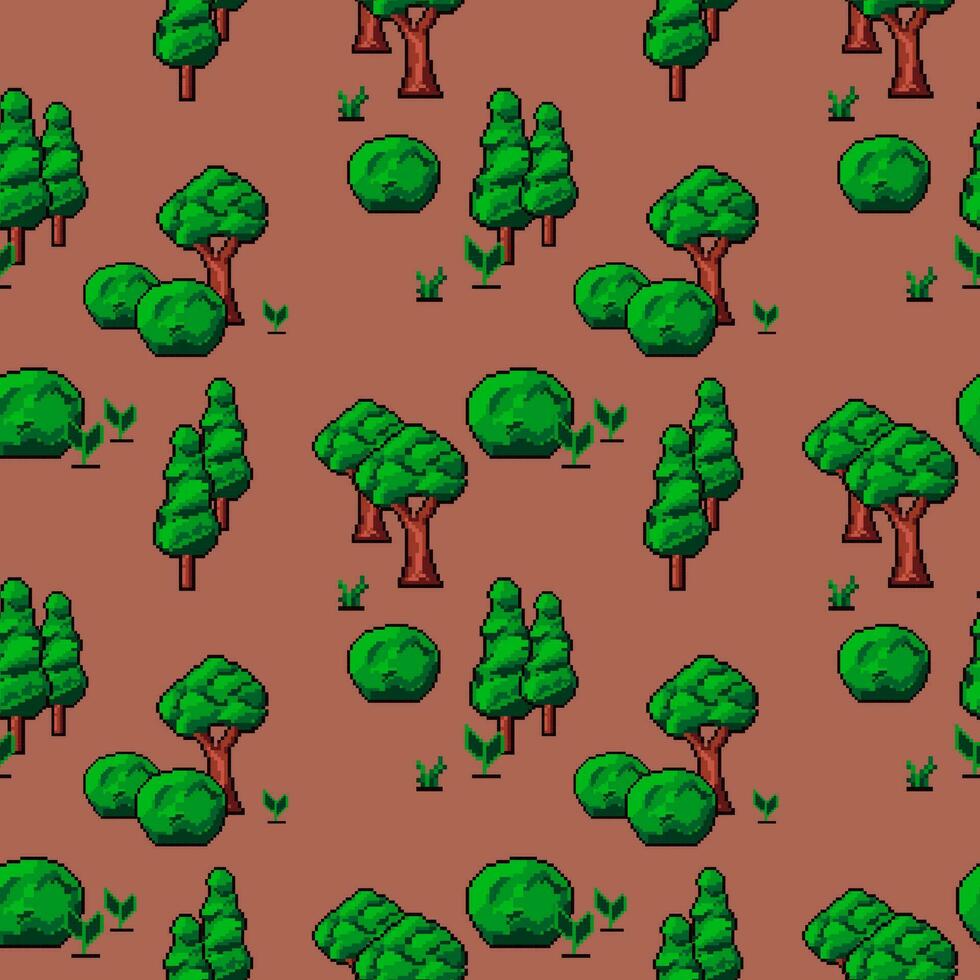 Woods or forest in game design, pixel pattern vector