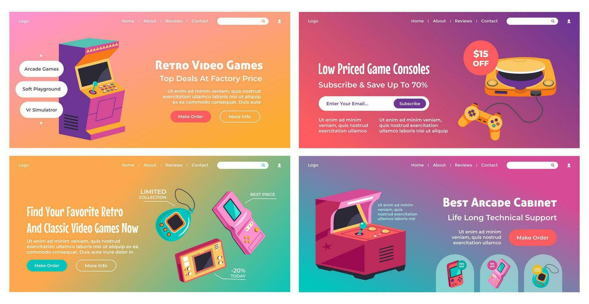 Landing page set design with retro video games vector