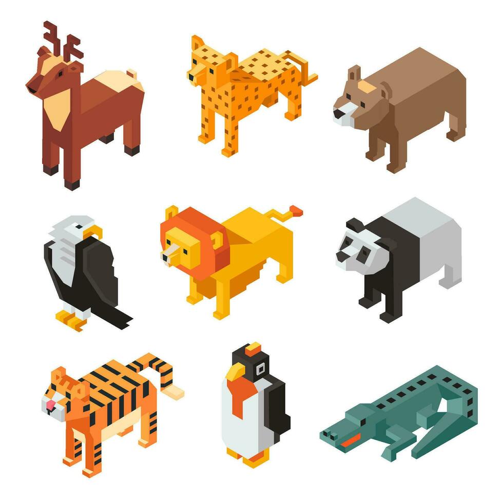 Animals figurines, pixel figures of characters vector