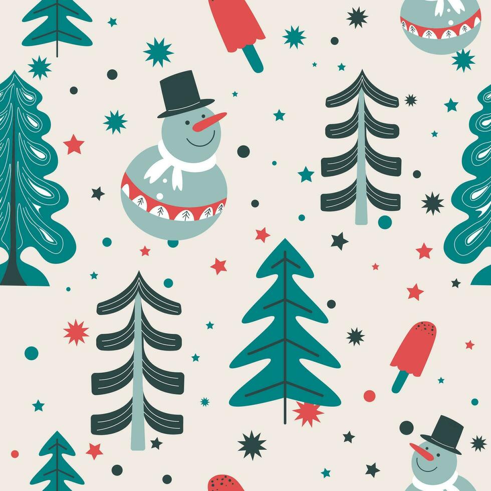 Winter scene with snowmen and pine tree forest vector