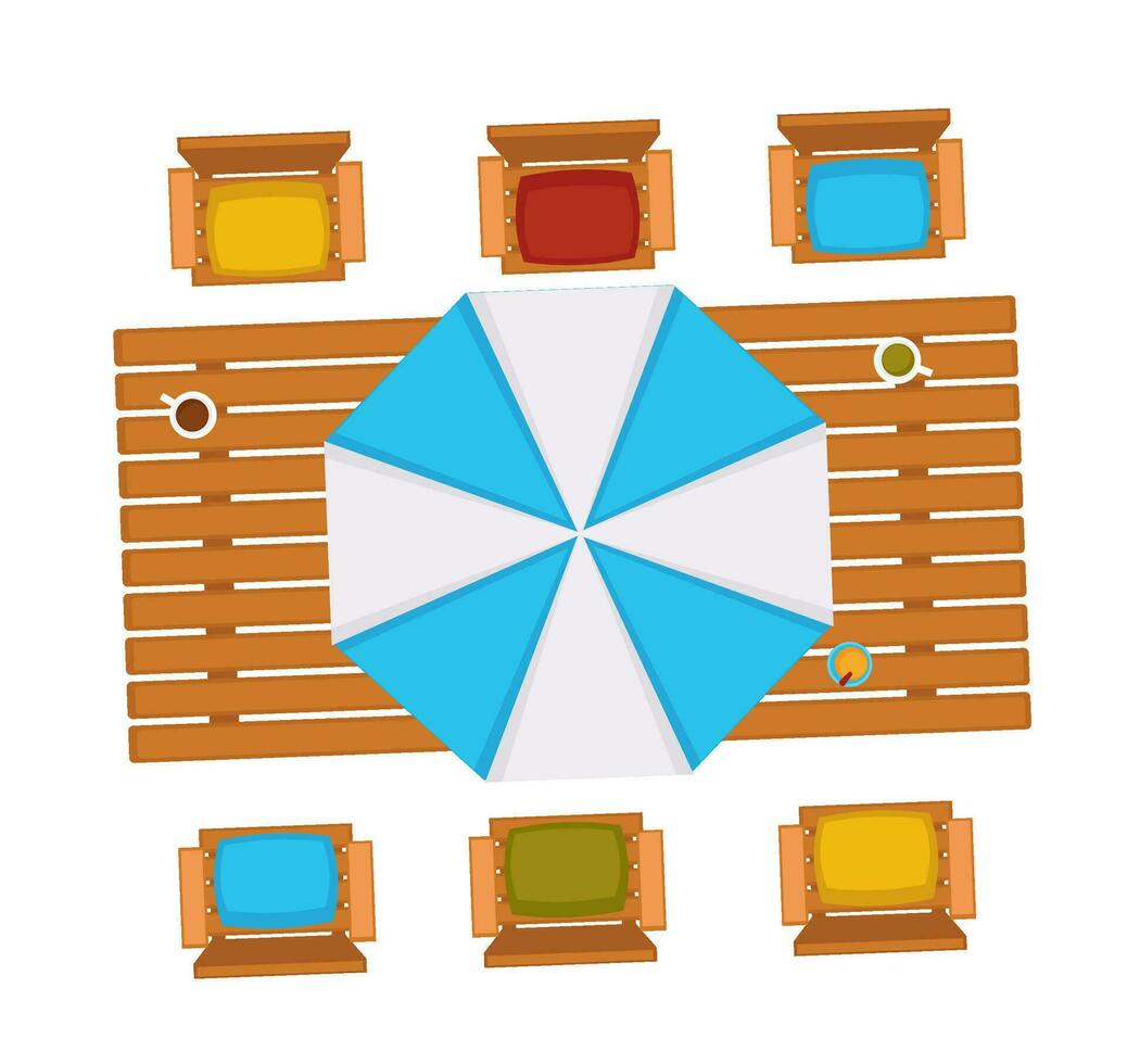 Summer outdoors table with umbrella and chairs vector