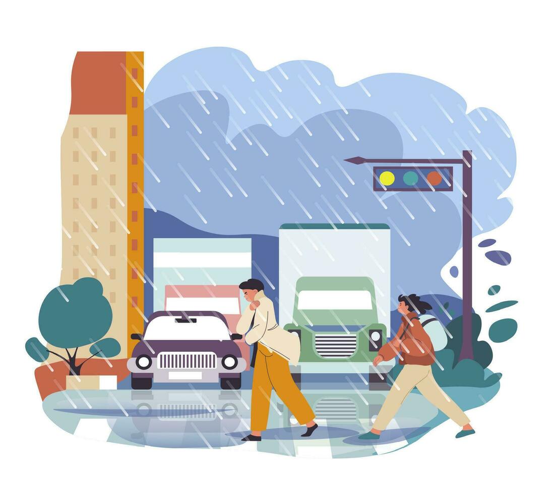 Bad weather conditions in city, downpour raining vector