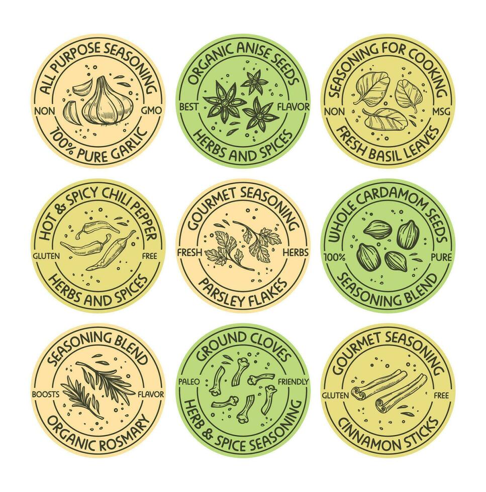 Round label set for seasoning and spice package vector