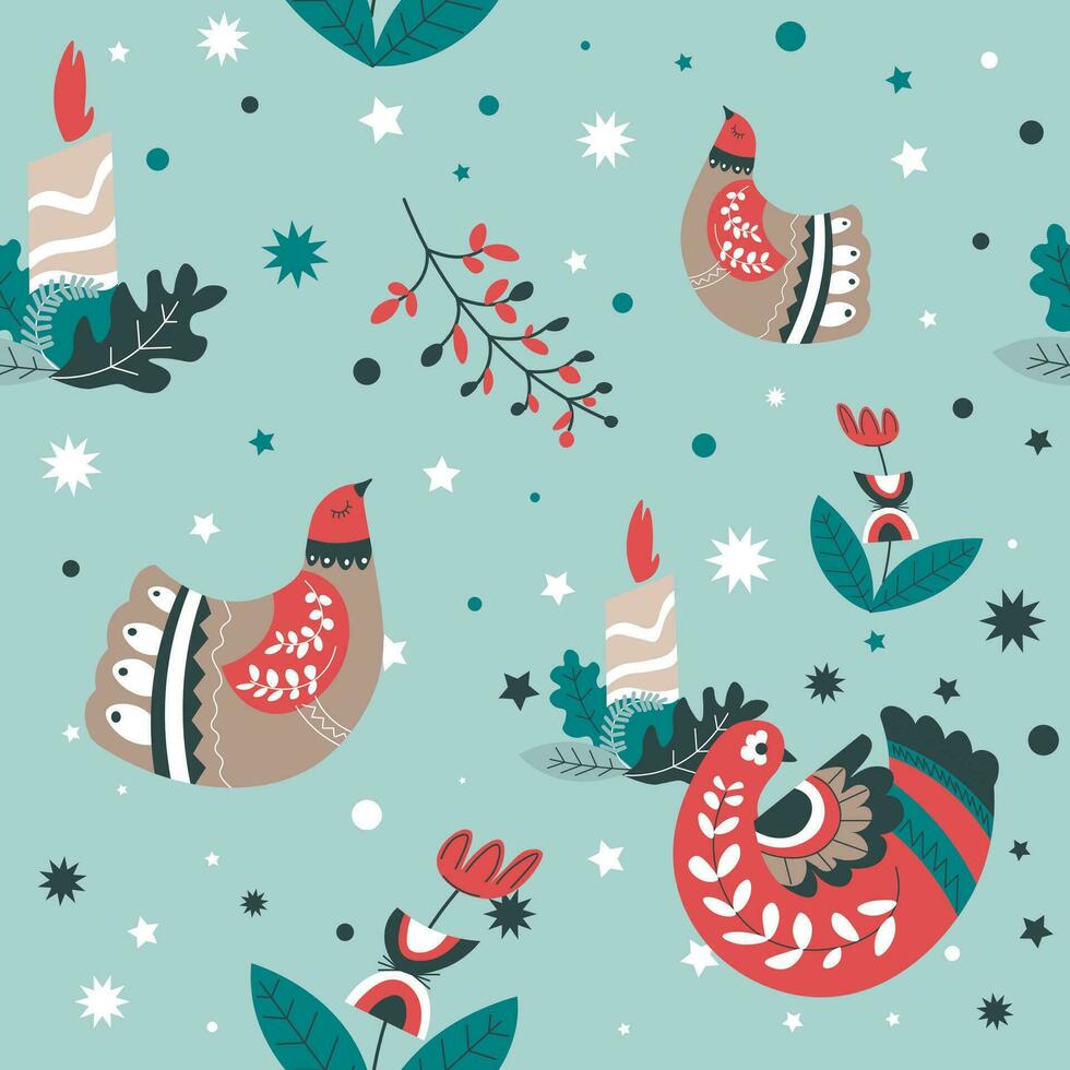 Winter flowers and birds, candle with light print vector