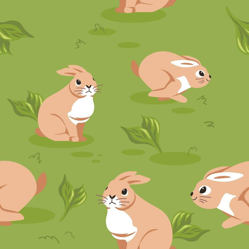 Field with sitting and leaping bunnies and rabbits vector