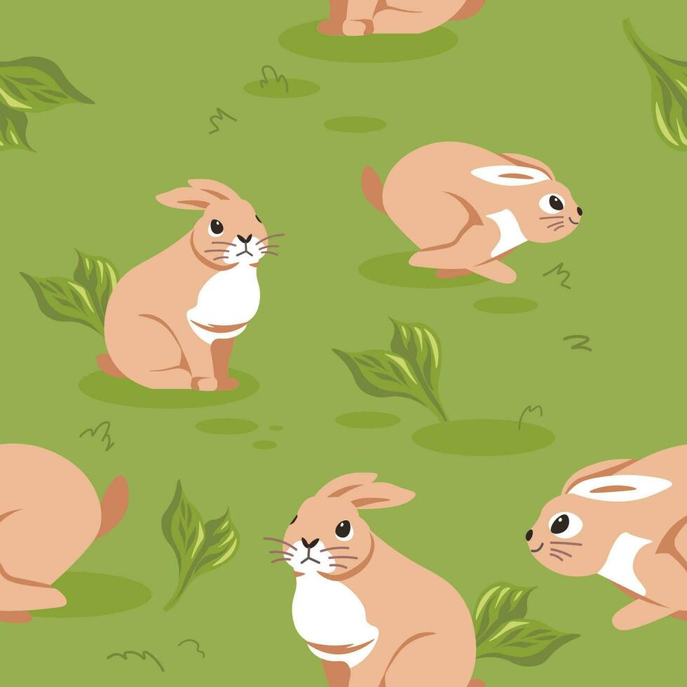 campo con sentado y saltando conejitos y conejos vector