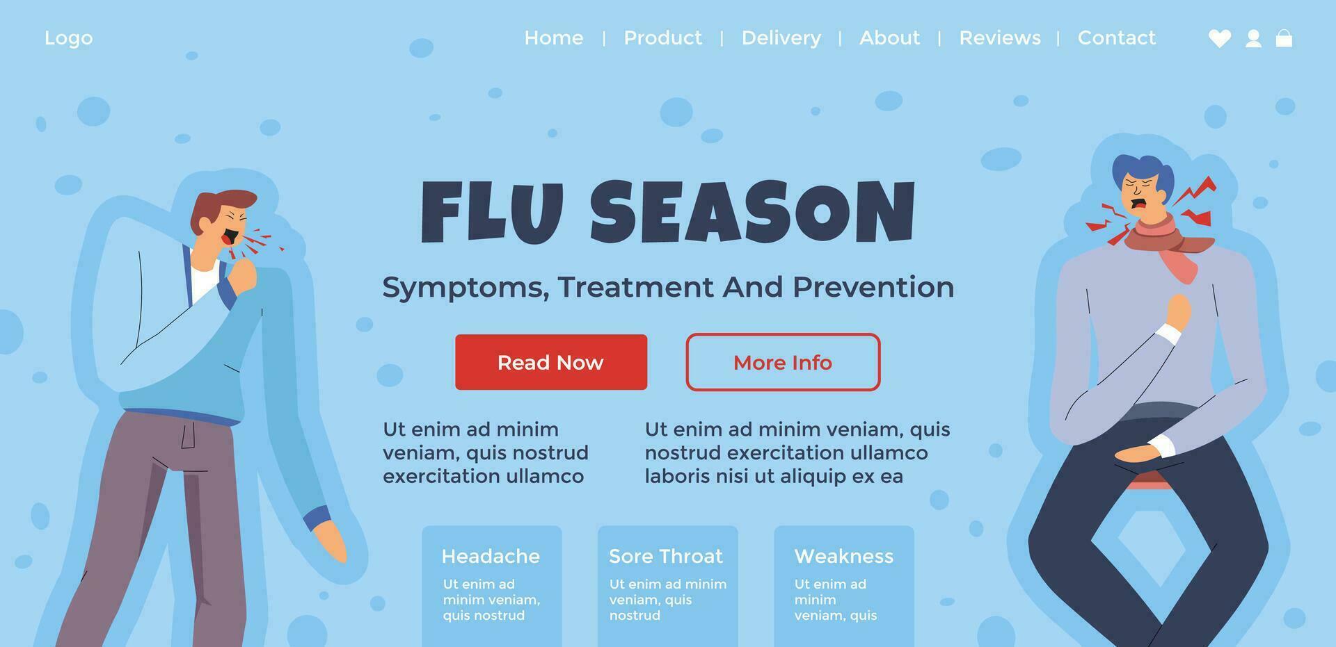 Flu season, symptoms and treatment website page vector