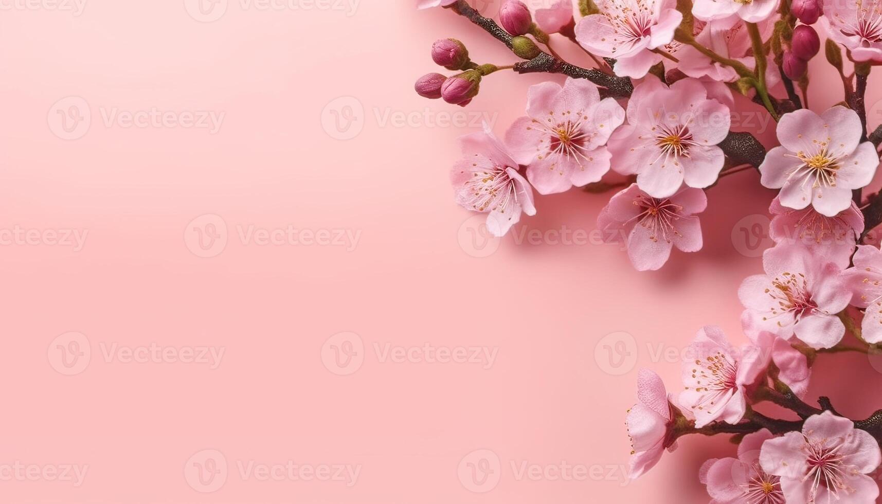 illustration of many small beautiful pink flower blossoms on pink pastel background with copy space photo