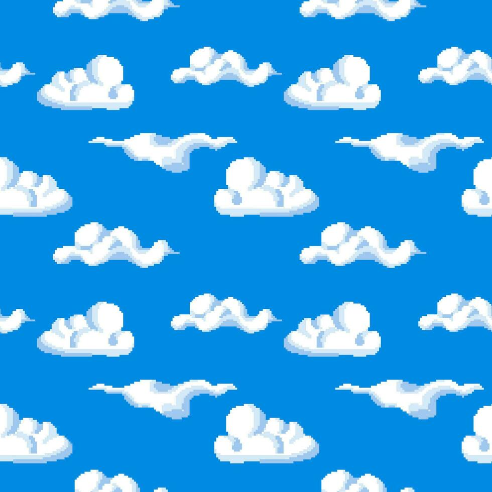 Pixelated clouds on clear sky, game design print vector