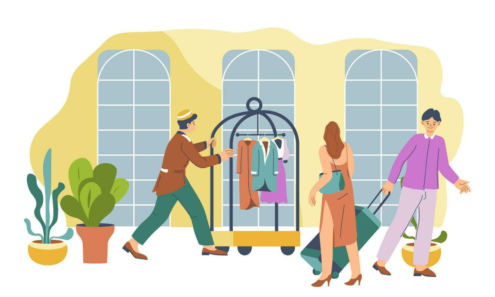 Hotel service, concierge with clothes on rack vector
