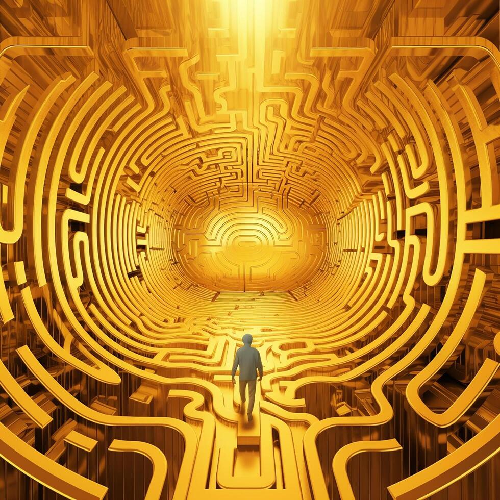 A man walking through a maze with the word maze on it. photo