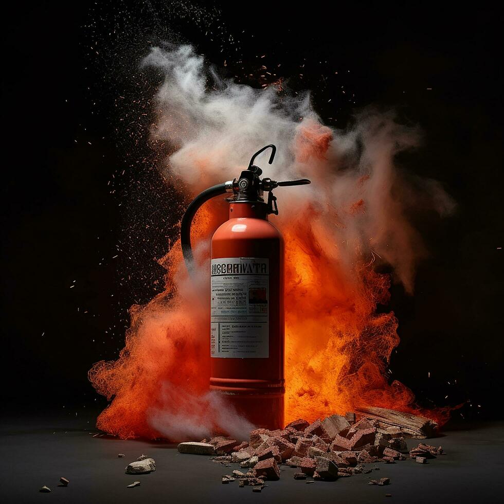 A fire extinguisher in a fire. Generative AI photo