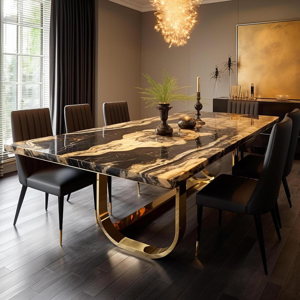 A dining table with chairs and a chandelier. photo
